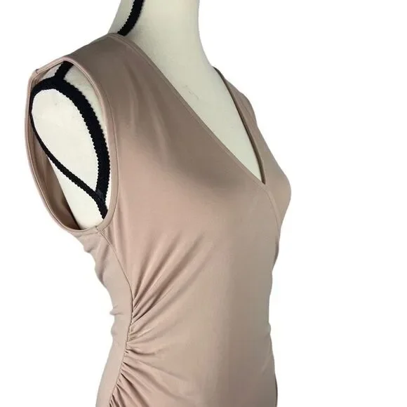Leith V-Neck Shirred Rib Tan Taupe ultra Soft Body-con Dress Size : M NWT - Picture 2 of 8